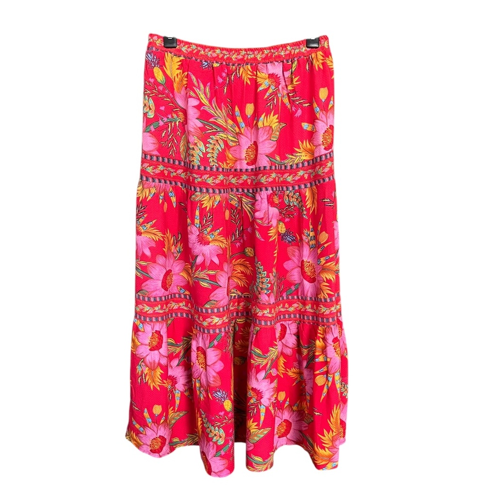 RACHEL Rachel Roy Red Multicolor Floral Double Tiered Boho Maxi Skirt Size M